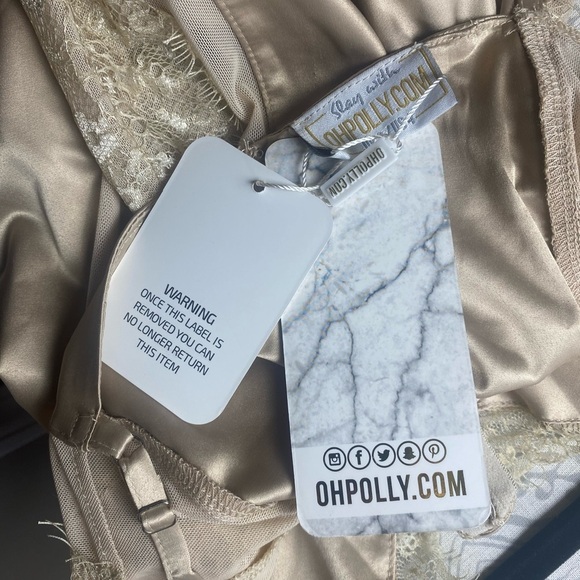 Oh POLLY Beige Satin Lace Slip Nightgown Lingerie Sexy Cocktail Bodycon Dress 4 - Picture 5 of 8